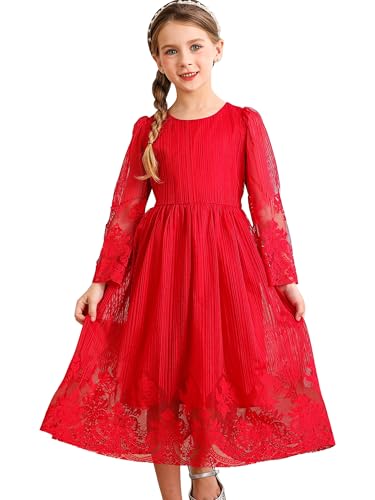 BONNY BILLY Mädchen Kleider Vintage Spitze Tüll Festlich Hochzeit Lang Langarm Weihnachtskleid Partykleid 7-8/130 Rot von BONNY BILLY