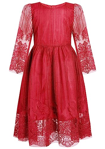 BONNY BILLY Mädchen Kleider Vintage Spitze Tüll Festlich Hochzeit Lang Langarm Weihnachtskleid Partykleid 8-9 Jahre/128-134 Rot von BONNY BILLY