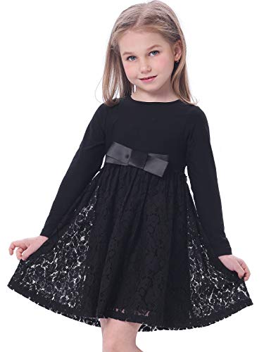 BONNY BILLY Mädchen Kleider Langarm Baumwolle Spitze Herbstkleid Winterkleid mit Schleife 3-4 Jahre/98-104 Schwarz von BONNY BILLY