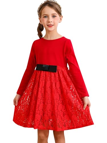 BONNY BILLY Mädchen Kleider Langarm Spitze Festlich Weihnachtskleid Winterkleid mit Schleife 5-6 Jahre/110-116 Rot von BONNY BILLY