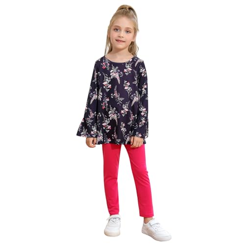 BONNY BILLY Mädchen Outfit 2 Teiler Langarm Blumen Jersey Top + Leggings Rosa 10-11 Jahre/140-146 Dunkelblau von BONNY BILLY