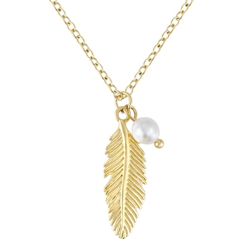 BONNYBIRD® Boho Kette Feder Anhänger Gold Damen Edelstahl Schmuck Wasserfest Halskette Perlen Anhänger Bohemian Festival Accessoires Lang Frauen Vergoldet Goldschmuck Layering Goldkette Sommer von BONNYBIRD