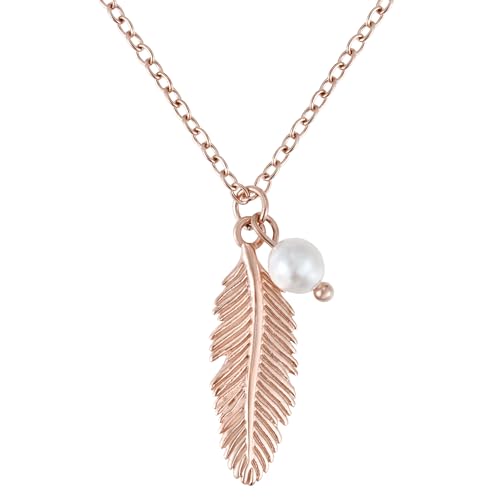 BONNYBIRD® Boho Kette Feder Anhänger Rosegold Damen Edelstahl Schmuck Wasserfest Halskette Perlen Anhänger Bohemian Festival Accessoires Lang Frauen Vergoldet Goldschmuck Layering Goldkette Sommer von BONNYBIRD