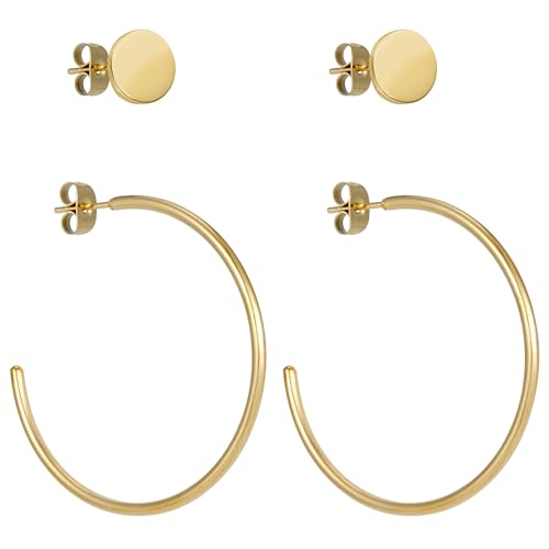 BONNYBIRD® Creolen Gold Groß Ohrringe Damen Edelstahl Dünn Wasserfest Medizinische Ohrstecker Vergoldet Hypoallergen Chirurgenstahl Nickelfrei Schmuck Set Plättchen Stecker Goldschmuck Hoops Frauen von BONNYBIRD