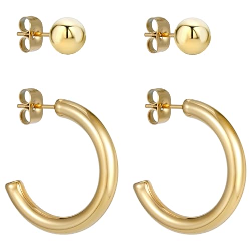 BONNYBIRD® Creolen Gold Ohrringe Damen Edelstahl Wasserfest Medizinische Ohrstecker Vergoldet Hypoallergen Chirurgenstahl Nickelfrei Schmuck Set Stecker Goldschmuck Damenohrringe Elegant Hoops Frauen von BONNYBIRD