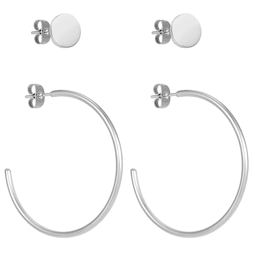 BONNYBIRD® Creolen Silber Groß Ohrringe Damen Edelstahl Dünn Wasserfest Medizinische Ohrstecker Hypoallergen Chirurgenstahl Nickelfrei Schmuck Set Plättchen Stecker Ohrschmuck Hoops Frauen von BONNYBIRD