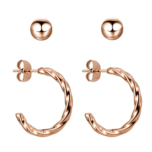 BONNYBIRD® Creolen Rosegold Ohrringe Damen - Ohrringe Rosegold Creolen Edelstahl Damen Ohrstecker Rosegold Klein Chirurgenstahl Ohrringe Set Gedreht von BONNYBIRD