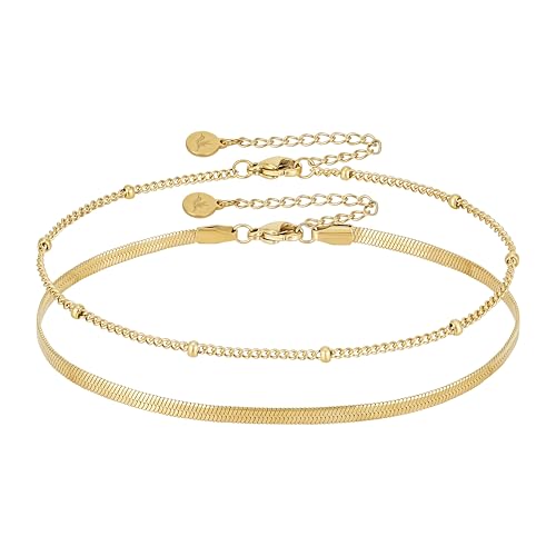 BONNYBIRD® Fußkettchen für Damen Gold Wasserfest Fußketten Set Edelstahl Fussketten für Frauen Boho Fußschmuck Vergoldet Doppelkette Ankle Bracelet Goldener Sommer Schmuck Festival Outfit von BONNYBIRD