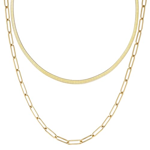 BONNYBIRD® Gliederkette Schlangenkette Gold Set Halskette Damen Edelstahl Schmuck Wasserfest Layering Kette ohne Anhänger Frauen Goldkette Goldschmuck Modeschmuck Vergoldet von BONNYBIRD