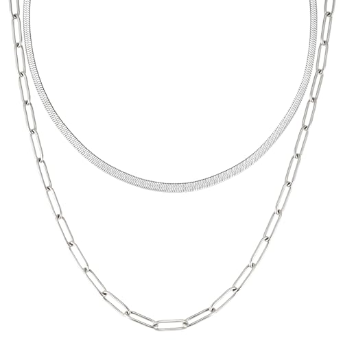 BONNYBIRD® Gliederkette Schlangenkette Silber Set Halskette Damen Edelstahl Schmuck Wasserfest Layering Kette ohne Anhänger Frauen Silberkette Silberschmuck Modeschmuck Festival Accessoire von BONNYBIRD