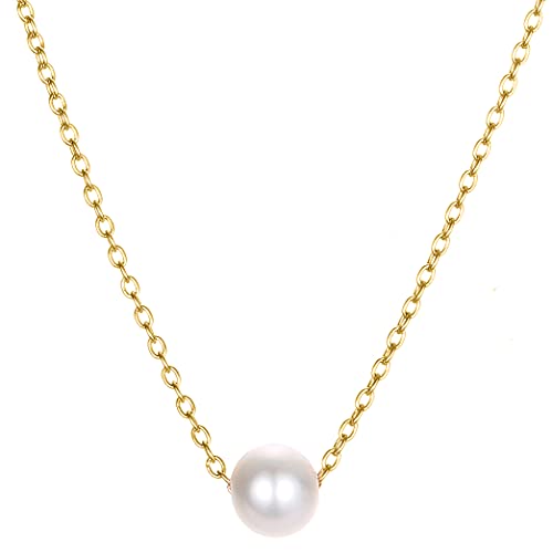 BONNYBIRD® Kette mit Perle Gold Damen Edelstahl Halskette mit Schwebendem Perlenanhänger Frauen Schmuck Wasserfest Vergoldet Goldkette Sommer Goldschmuck Pearl Boho von BONNYBIRD