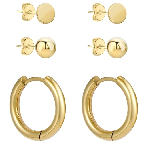 BONNYBIRD® Ohrringe Gold Set Medizinische Ohrstecker Damen Edelstahl Chirurgenstahl Gesundheitsstecker 3er Set für mehrere Ohrlöcher Creolen Klein Kugel Mini Wasserfest Schmuck Frauen Hypoallergen von BONNYBIRD