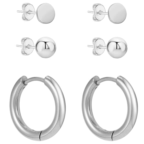 BONNYBIRD® Ohrringe Set Silber Medizinische Ohrstecker Damen Edelstahl Chirurgenstahl Gesundheitsstecker 3er Set für mehrere Ohrlöcher Creolen Klein Kugel Mini Wasserfest Schmuck Frauen Hypoallergen von BONNYBIRD