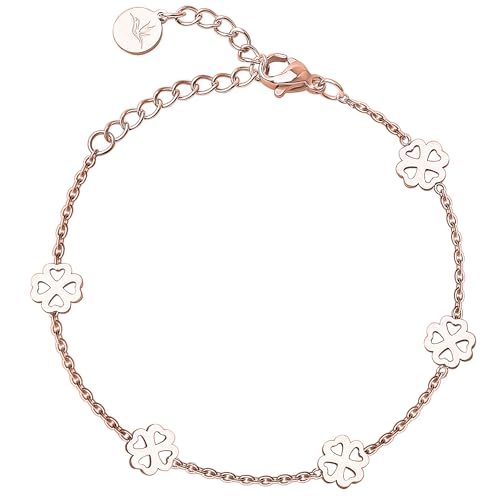 BONNYBIRD® Kleeblatt Armband Rosegold Glücksbringer Prüfung Edelstahl Damen Viel Glück Prüfung Geschenk Glücksarmband Frauen Wasserfest Schmuck Armkette Gute Besserung Firmung Mädchen Abitur von BONNYBIRD