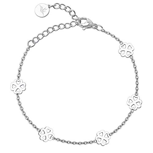 BONNYBIRD® Kleeblatt Armband Silber Glücksbringer Prüfung Edelstahl Damen Viel Glück Prüfung Geschenk Glücksarmband Frauen Wasserfest Schmuck Armkette Gute Besserung Firmung Mädchen Abitur von BONNYBIRD