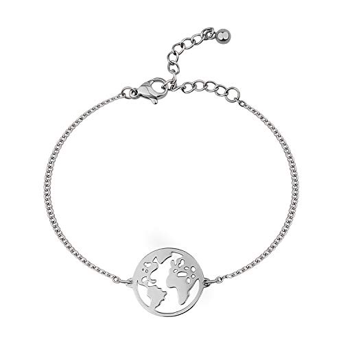 BONNYBIRD® Armband Weltkugel Silber Edelstahl Damen Reise Geschenk für Auswanderer Weltreisende Weltkarte Travel Frauen Wasserfest Schmuck Armkette Festival Boho Welt Weltenbummler Globus von BONNYBIRD