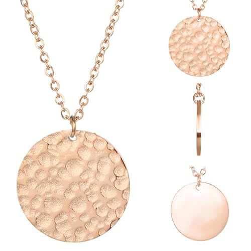 BONNYBIRD® Platten Kette Rosegold Damen Edelstahl Halskette mit Platte Coin Plättchen Anhänger Gehämmert Boho Runde Goldkette Schmuck Wasserfest Frauen Vergoldet Goldschmuck Bohemian Layering von BONNYBIRD