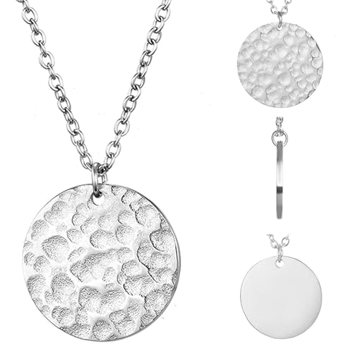 BONNYBIRD® Platten Kette Silber Damen Edelstahl Halskette mit Platte Coin Plättchen Anhänger Gehämmert Boho Runde Silberkette Schmuck Wasserfest Frauen Bohemian Layering von BONNYBIRD