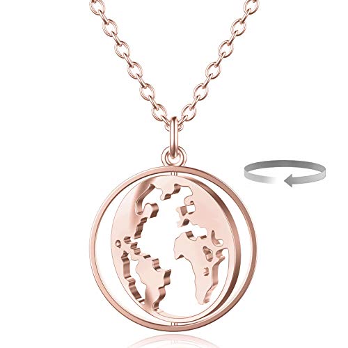 BONNYBIRD® Kette Weltkugel Rosegold Damen Edelstahl Weltkarten Halskette Globus mit Rotierbarem Welt Anhänger Urlaub Must Haves Reisende Wanderer World Map Erde Frauen Wasserfest Schmuck Goldkette von BONNYBIRD