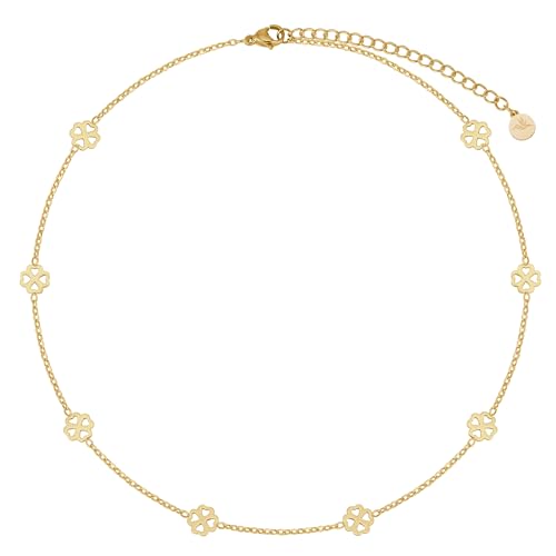 BONNYBIRD® Kleeblatt Kette Gold Damen Edelstahl Glücksbringer Halskette Kurz Choker Frauen Wasserfest Schmuck Goldkette Vergoldet Prüfung Firmung Abitur Kommunion Geschenk OP Gute Besserung Viel Glück von BONNYBIRD