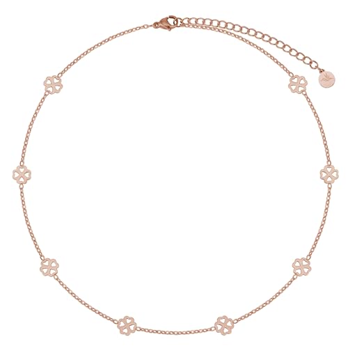 BONNYBIRD® Kleeblatt Kette Rosegold Damen Edelstahl Glücksbringer Halskette Kurz Choker Frauen Wasserfest Schmuck Goldkette Prüfung Firmung Abitur Kommunion Geschenk OP Gute Besserung Viel Glück von BONNYBIRD