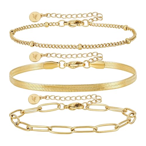 BONNYBIRD® Edelstahl Armband Damen Gold Armbänder Set Armkette Wasserfester Schmuck vergoldet Goldarmband Goldenes Gliederarmband Schlangenarmband Armkettchen Damenarmband Frauen Bracelet Goldschmuck von BONNYBIRD