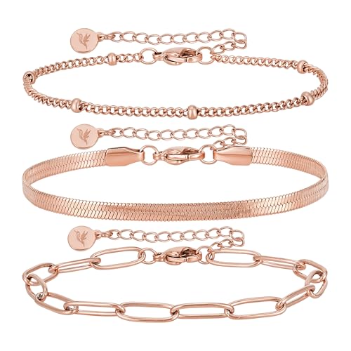 BONNYBIRD® Edelstahl Armband Rosegold Damen Armbänder Set Armkette Vergoldet Wasserfester Schmuck Rose Gold Gliederarmband Schlangenarmband Armkettchen Damenarmband Frauen Bracelet Women Modeschmuck von BONNYBIRD
