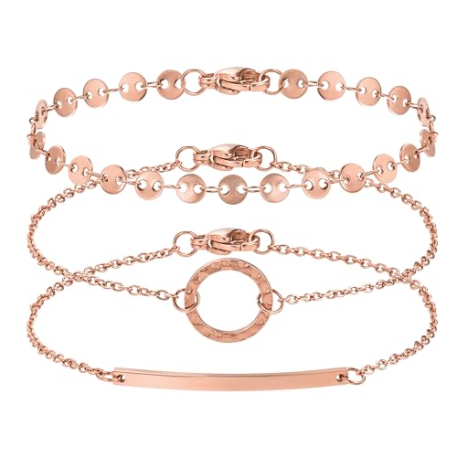 BONNYBIRD® Edelstahl Armband Rosegold Damen Armbänder Set Armkette Frauen Kreis Plättchen Bar Armkettchen Boho Rose Gold Rosegoldenes Damenarmband Wasserfester Sommer Schmuck Bracelet Festival Outfit von BONNYBIRD