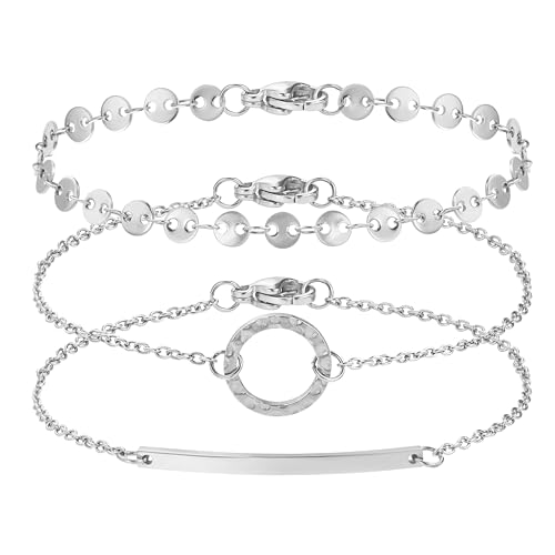 BONNYBIRD® Edelstahl Armband Damen Silber Armbänder Set Armkette Silberarmband Frauen Silbernes Kreis Plättchen Bar Armkettchen Boho Damenarmband Wasserfester Sommer Schmuck Bracelet Silberschmuck von BONNYBIRD