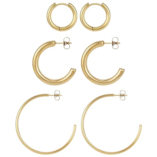 BONNYBIRD® Creolen Gold Set Edelstahl Groß Damen Goldene Ohrringe Breit Dünn Klein Ohrstecker Frauen Wasserfest Schmuck Vergoldet Hypoallergen Medizinischer Chirurgenstahl Nickelfrei Goldschmuck von BONNYBIRD