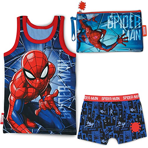 BONNYCO Schlafanzug Jungen und Kulturbeutel Kinder Spiderman - Kinderkleidung Junge für den Sommer | Schlafanzug Jungen Kurz und Kulturtasche für Badzubehör & Reisen | Schlafanzug Kinder & Mäppchen von BONNYCO