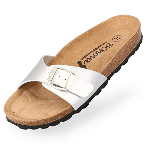 BOnova Damen Pantoletten Teneriffa in Bonoflor Silber 37, modischer Einriemer mit Korkfußbett - komfortable Sandalen zum Wohlfühlen - hergestellt in der EU von BOnova