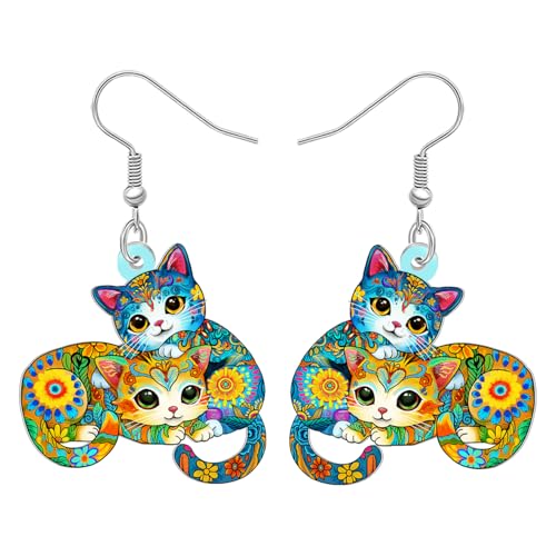 BONSNY Bunte Acryl Katze Ohrringe Hängend Blumen Volkskunst Design Schmuck für Damen Mädchen Kätzchen Liebhaber Geschenke Neuheit Spaß Hypoallergen Charms (Buntes) von BONSNY