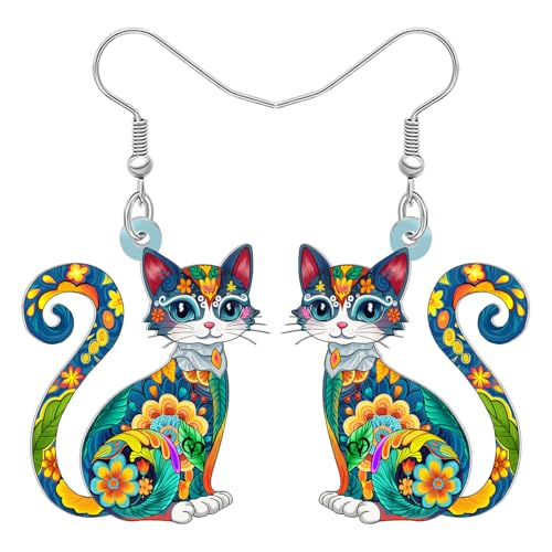 BONSNY Bunte Acryl Katze Ohrringe Hängend Blumen Volkskunst Design Schmuck für Damen Mädchen Kätzchen Liebhaber Geschenke Neuheit Spaß Hypoallergen Charms (Multi) von BONSNY