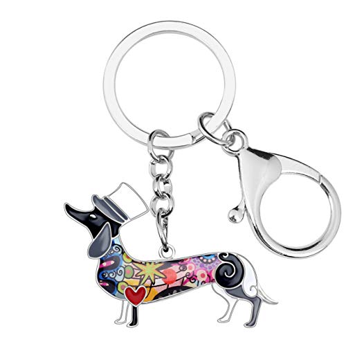 BONSNY Emaille Metall Dackel Hund Schlüsselanhänger für Frauen Mädchen Auto Geldbörse Tasche Ringe Charms Haustiere Geschenk (Grau) von BONSNY