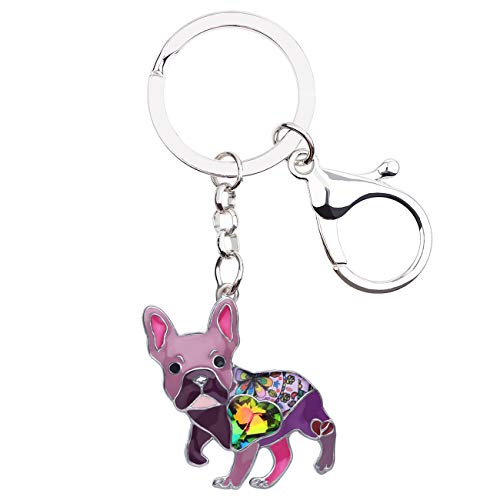 BONSNY Emaille Metall Herz Strass Französische Bulldogge Schlüsselanhänger für Frauen Kinder Auto Handtasche Ringe Charms Haustiere Geschenk (Violett) von BONSNY