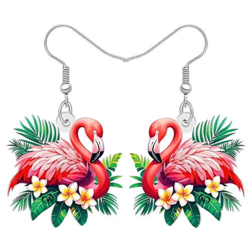 BONSNY Tropische Flamingo-Ohrringe, Rosa Vögel Statement-Schmuck mit Hibiskusblüten, Hawaiianischer Strand-Stil, Buntes Blumen-Design (Multicolor) von BONSNY