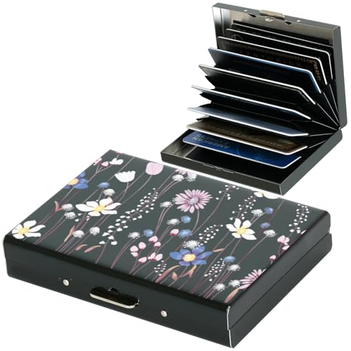 BONSYL® Kreditkartenetui Pro Max Upgrade | 10 Kartenfächer | RFID-Schutz Metall-Geldbörse für Damen & Herren | Ultradünn | Anti-Skimming (10 Karten/Schwarz/Blume) von BONSYL