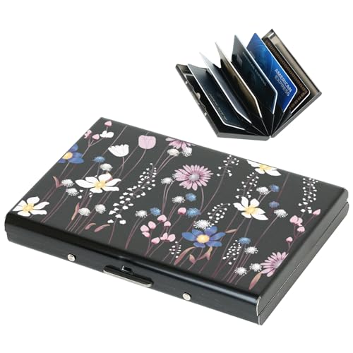 BONSYL® Kreditkartenetui aus Metall, RFID Blockierendes Edelstahl Kartenetui, Ultradünne Metall Geldbörse mit 6 Kartenfächern für Damen Herren. (6 Karten/Schwarz/Blume) von BONSYL