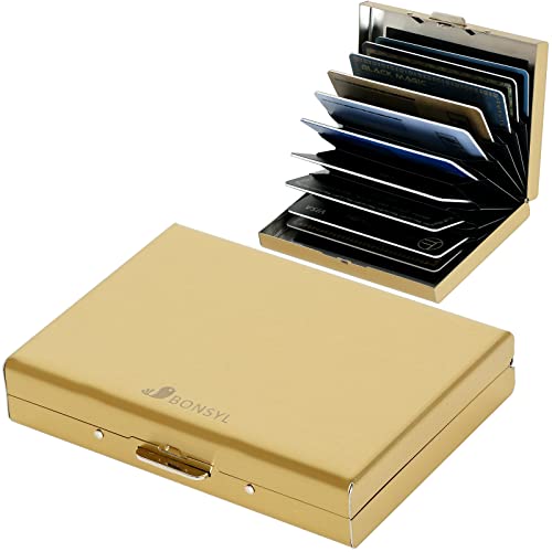 BONSYL® Kreditkartenetui aus Metall mit RFID-Blockierung und 10 Fächern, Ultradünnes Kreditkartenhüllen Geldbörse aus Edelstahl für Männer und Frauen. (10 Karten/Gold) von BONSYL