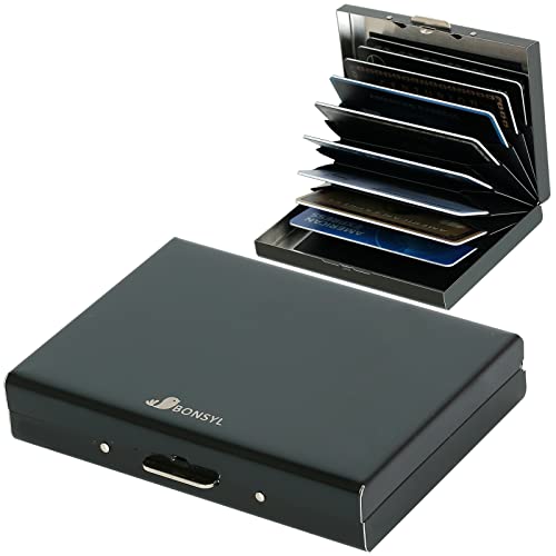 BONSYL® RFID Kreditkartenetui für Damen und Herren, Schlankes Kreditkarteninhaber aus Metall mit 10 Kartenfächern Gegen Elektronischen Taschendiebstahl. (10 Karten/Schwarz) von BONSYL