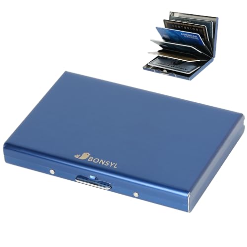 BONSYL® Kreditkartenetui aus Metall, Ultradünnes Edelstahl Brieftasche mit 6 Kartenfächern, RFID-Blockierendes Kreditkarteninhaber für Männer und Frauen. (6 Karten/Blau) von BONSYL
