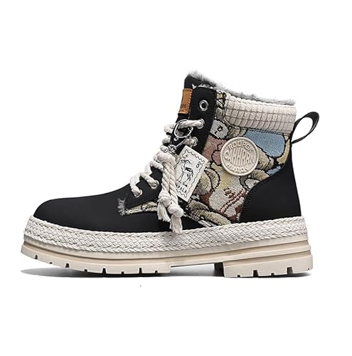 Modische Biker-Stiefel mit Graffiti-Print für Herren, Winddichte rutschfeste High-Top-Schnürstiefel für Outdoor-Spaziergänge, Trekking und Wandern, Herbst und Winter (Schwarz Mit Flauschigem Futte,41) von BONTEBIAN