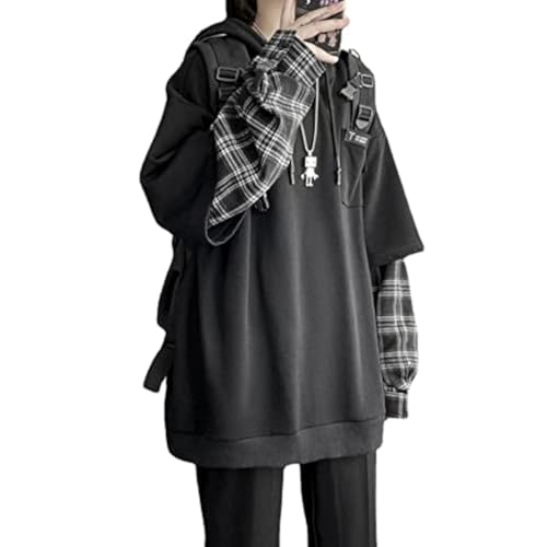BONVEN Oversized Striped Patchwork Hoodie Streetwear Gothic Y2k Grunge Punk Pullover Emo Scene Plaid Sweatshirt, Schwarz, S von BONVEN