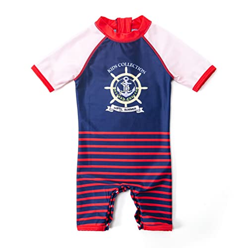 BONVERANO Baby Junge EIN stück Kurzärmel-Kleidung UV-Schutz 50+ Badeanzug MIT Einem Reißverschluss（Rot-Vessel，6-9Monate） von BONVERANO