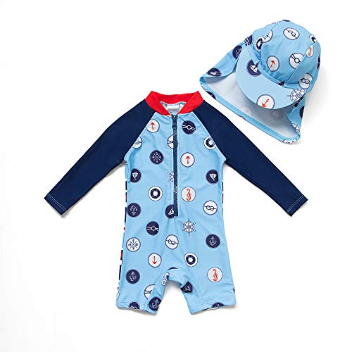 BONVERANO Baby Junge EIN stück Langärmelige-Kleidung UV-Schutz 50+ Badeanzug MIT Einem Reißverschluss(Blau-Welle Punkte,24-36Monate… von BONVERANO
