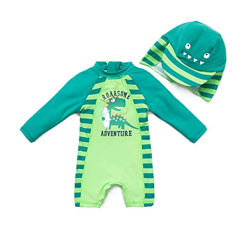BONVERANO Baby Junge EIN stück Langärmelige-Kleidung UV-Schutz 50+ Badeanzug MIT Einem Reißverschluss(Grüne-Dinosaurier,3-6Monate… von BONVERANO