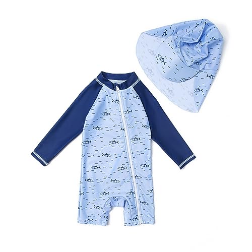 BONVERANO Baby Jungen Recycelter Badeanzug mit einem durchgehendem Reißverschluss UV-Schutz 50+(Blau-Haie,12-18Monate) von BONVERANO