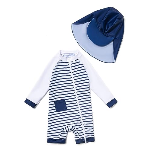 BONVERANO Baby Jungen Recycelter Badeanzug mit einem durchgehendem Reißverschluss UV-Schutz 50+(Blau-Schlieren,12-18Monate) von BONVERANO