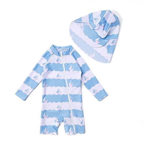 BONVERANO Baby Jungen Recycelter Badeanzug mit einem durchgehendem Reißverschluss UV-Schutz 50+(Blau-Segelboot,6-9Monate) von BONVERANO